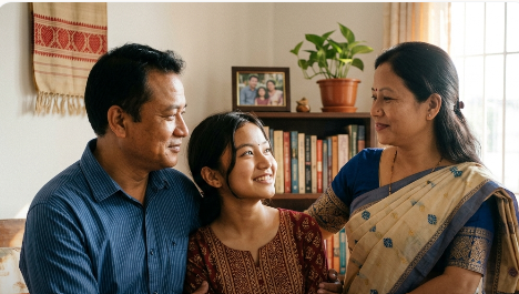Father, daughter, and mother smiling together at home