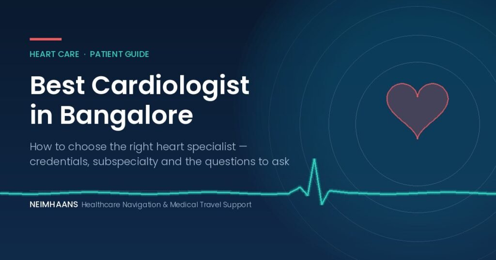 Best cardiologist in Bangalore — NEIMHAANS guide to choosing the right heart specialist, showing an ECG pulse line and heart icon