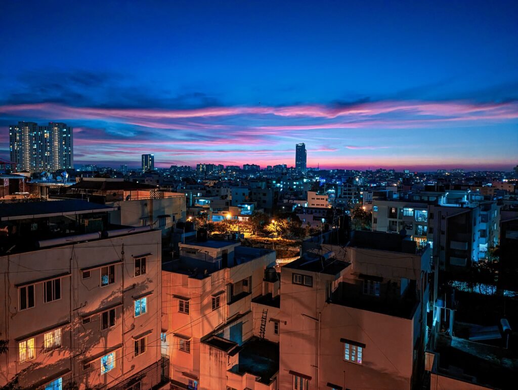 Bengaluru cityscape at dusk near NIMHANS
