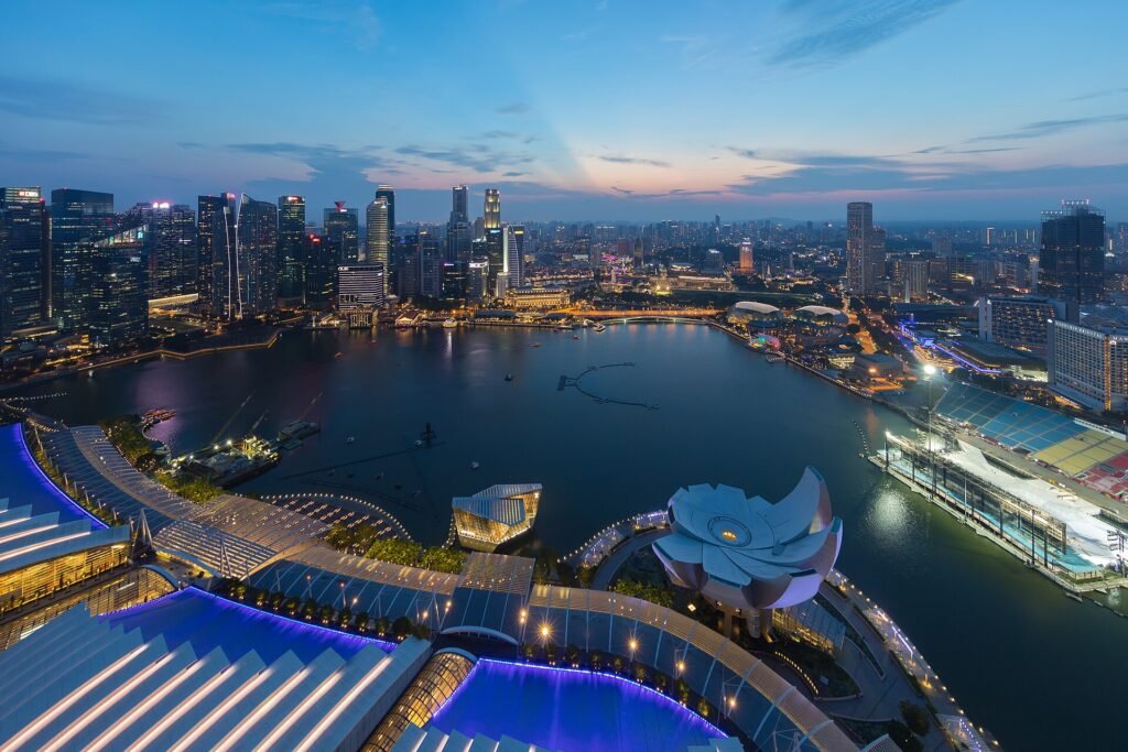Skylines of the Central Business District, Singapore at dusk, Singapore, ranked second in the Medical Tourism Index 2020-21
