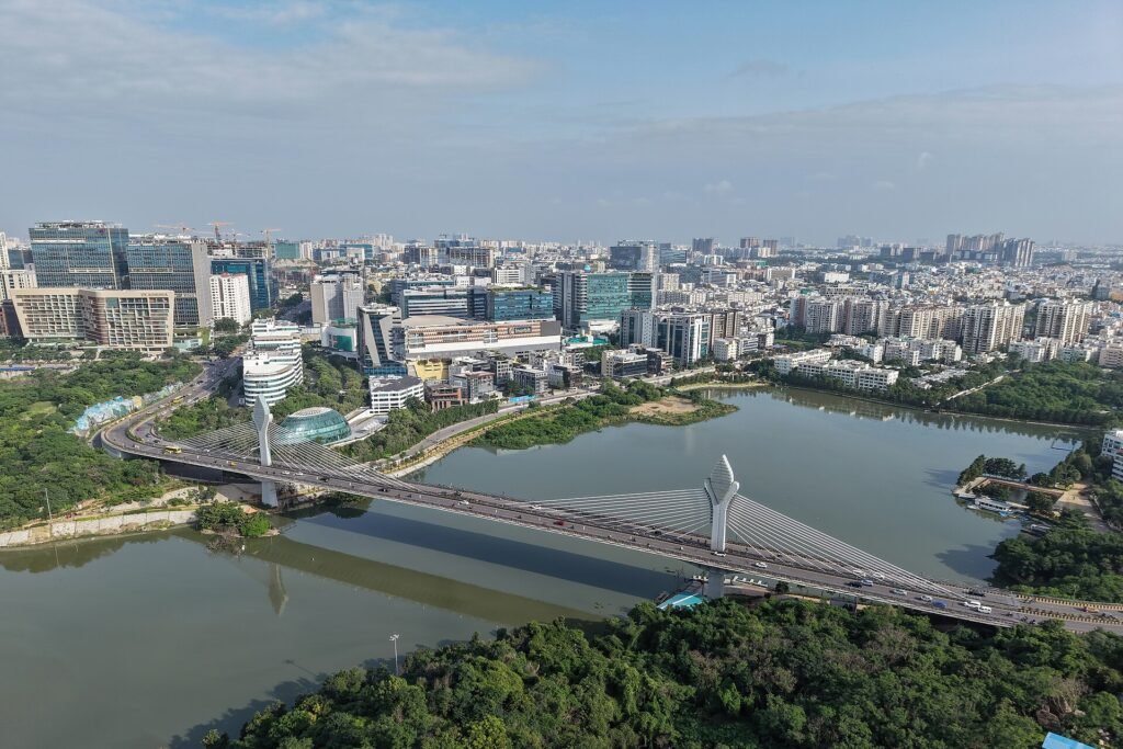 Aerial view of Durgam cheruvu and Hitech CIty, Hyderabad, where many families come for cancer treatment