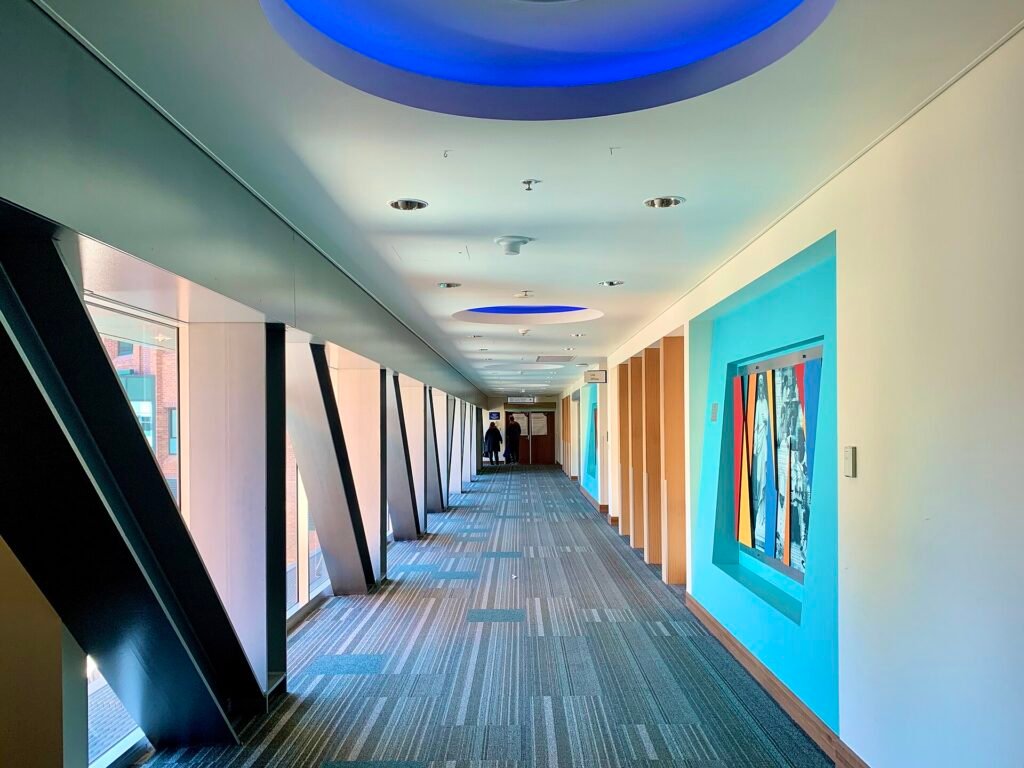 Corridor at Mater Private Hospital, Brisbane, a clean, well-kept hospital corridor