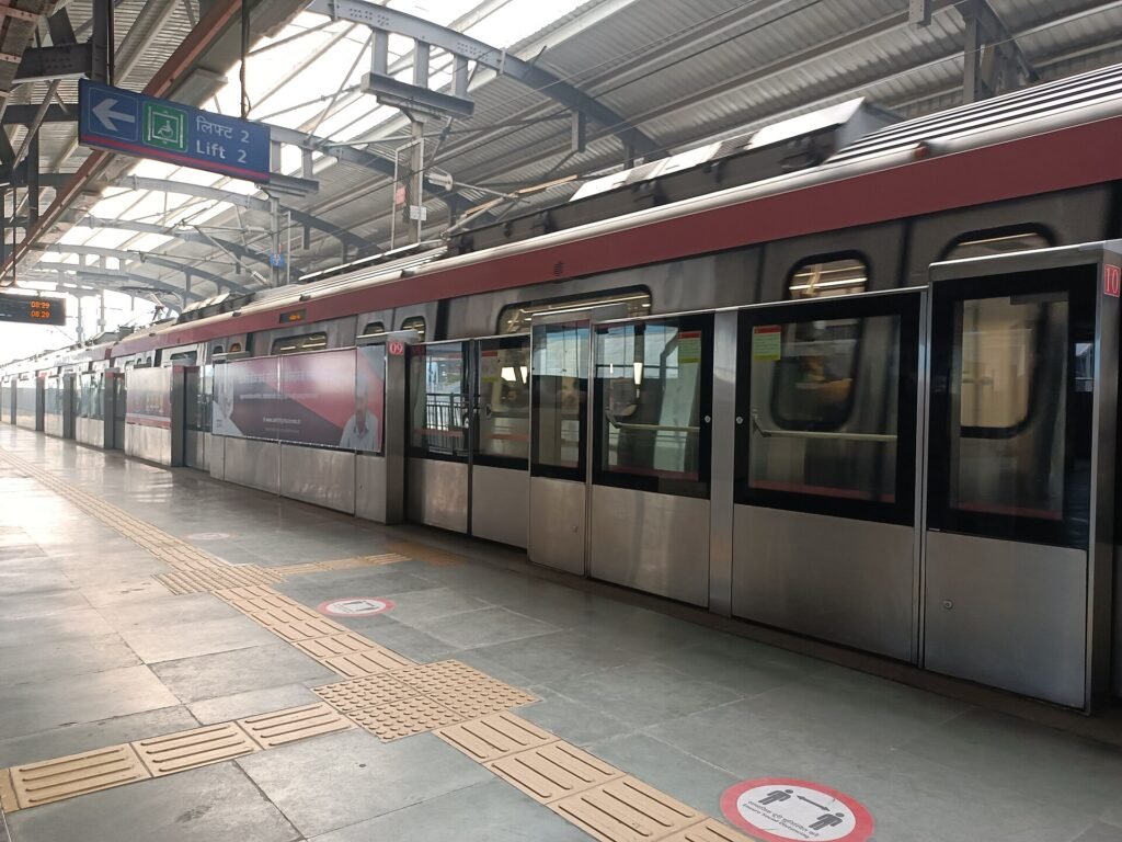 A Train of Delhi Metro's Pink Line at Anand Vihar ISBT Metro Station, Delhi Metro, which has a station at AIIMS