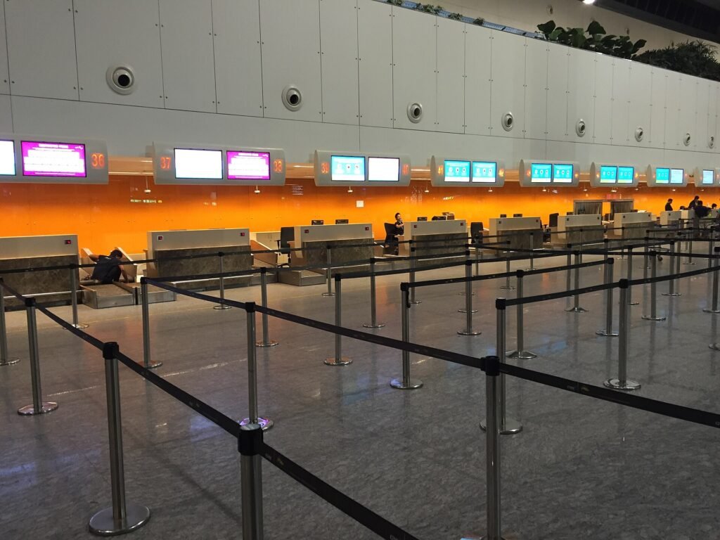 Check-in counters at Kempegowda Airport, July 2016, where many patients arrive in Bangalore