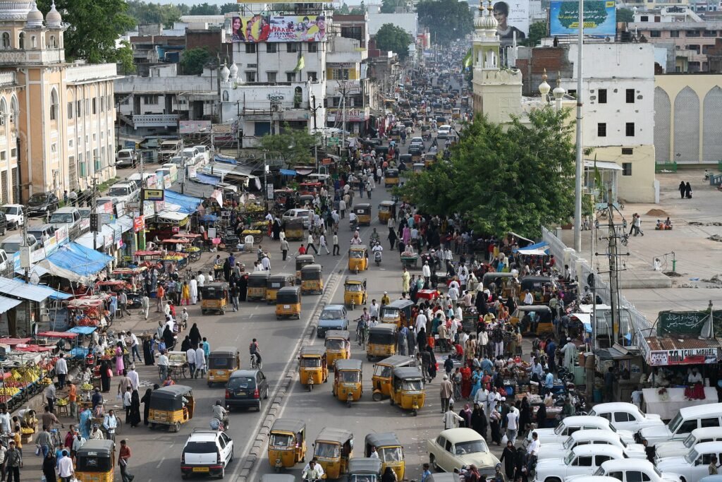 Charminar market from Charminar, in the old city of Hyderabad