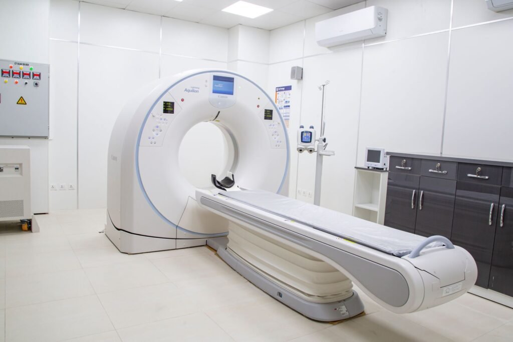 Modern hospital scan room with advanced imaging equipment, representing the technology at hospitals that treat medical tourists in India