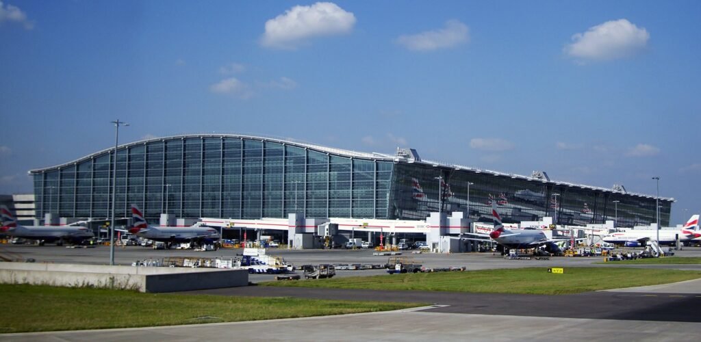 Terminal 5 at London Heathrow Airport, 2008, where many NRIs begin the journey to India