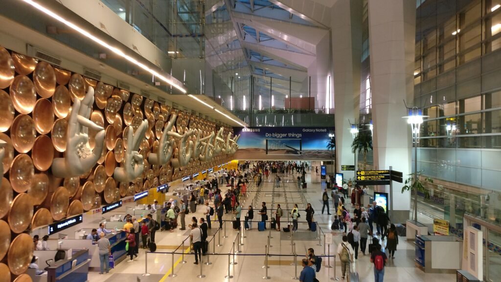 Sculpture of hasta mudras at Indira Gandhi International Airport, where many international patients arrive in India