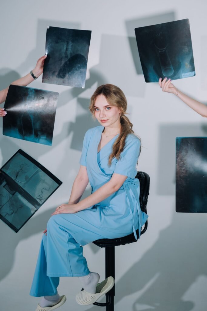 Healthcare worker with X-ray images, representing hospital treatment paid for by UPI, card or bank transfer