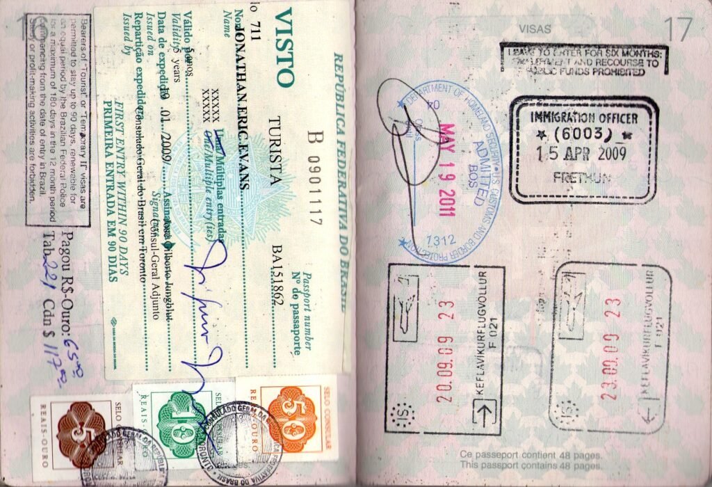 Passport pages with entry and exit stamps