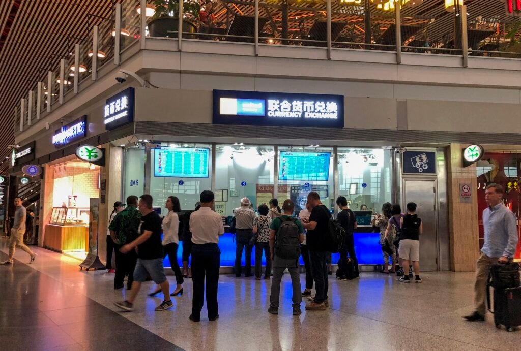 Airport currency exchange counter for foreign travellers