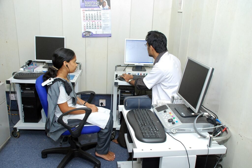 Hearing assessment at a clinic, often part of a speech and language evaluation